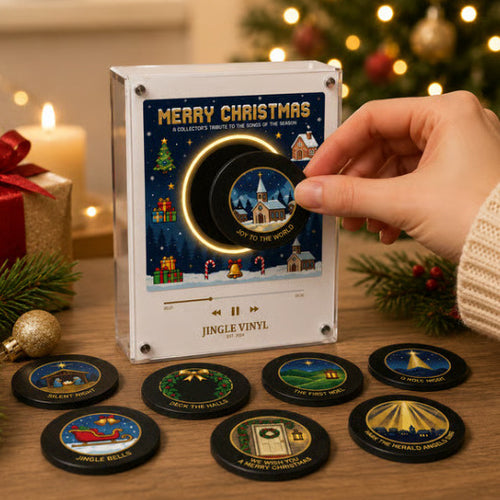 Mini vinyle de Noël posé sur le lecteur musical aimanté, avec les disques à côté