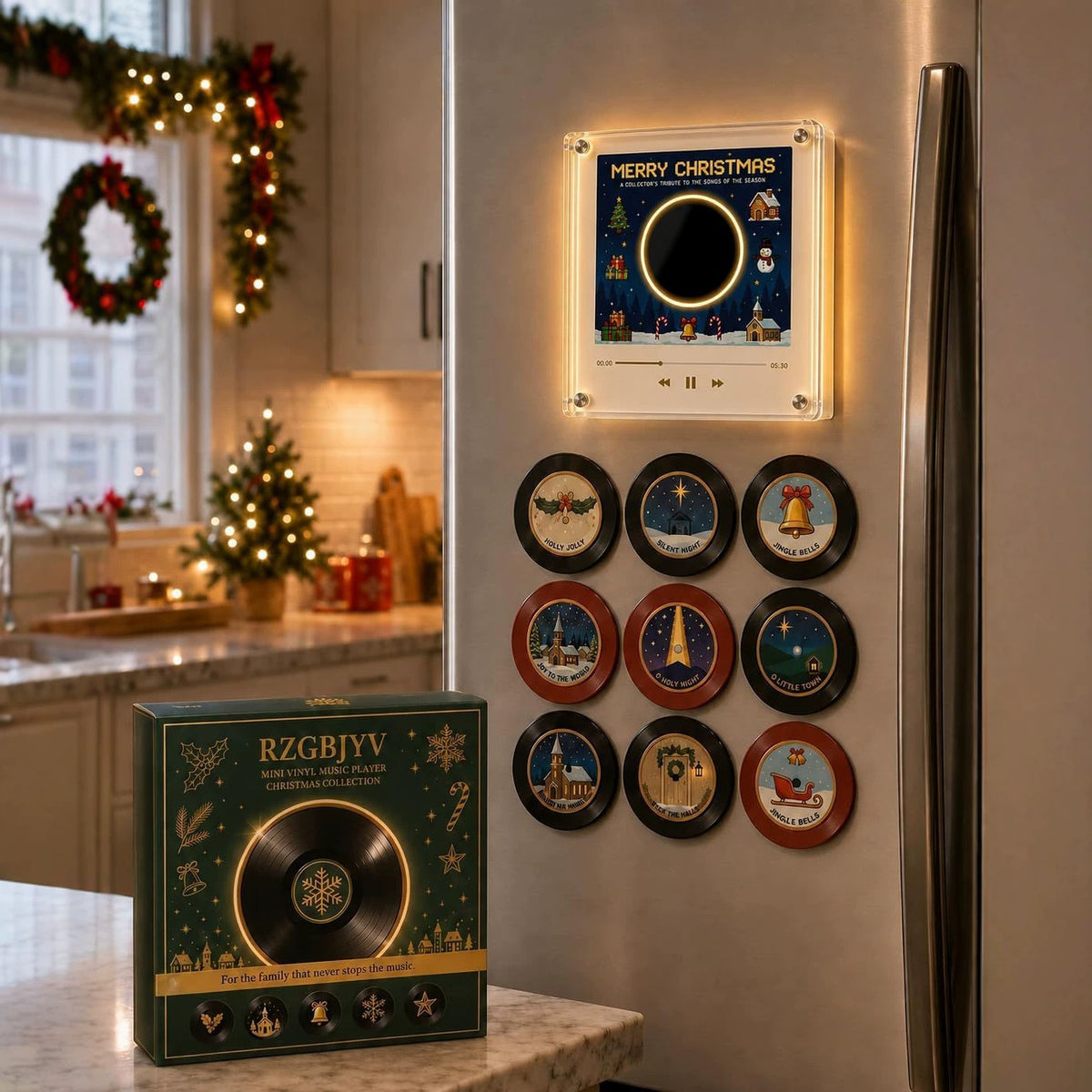 Lecteur musical aimanté lumineux sur un frigo dans une cuisine décorée pour Noël
