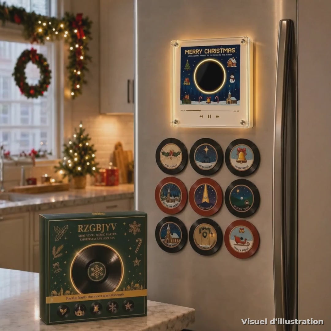 Le Mini Vinyle de Noël en situation : le disque s'illumine et tourne (visuel d'illustration)